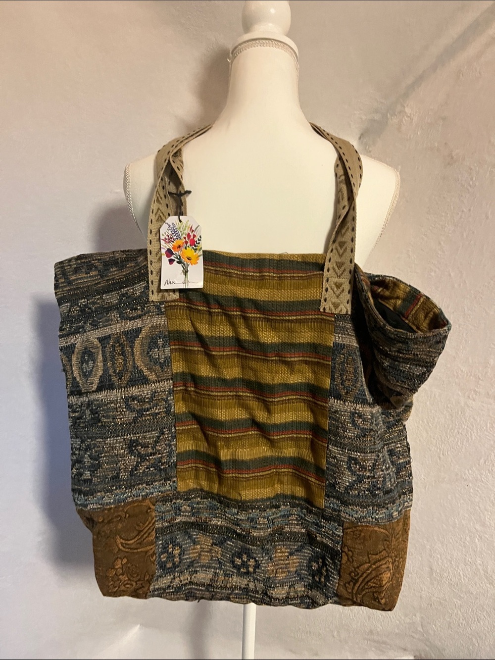 Artisanal Patchwork Tote in Olive and Brown